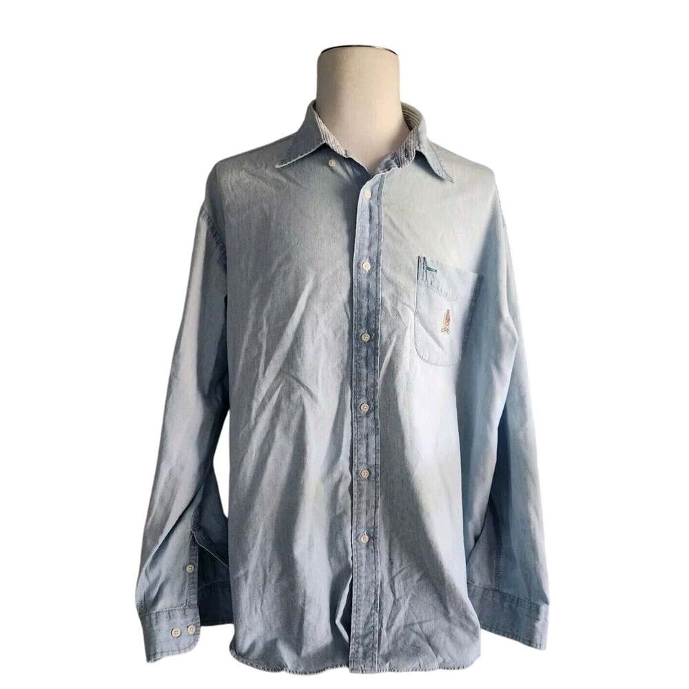 Vintage 90s Tommy Hilfiger Mens XLarge Faded Blue Denim Button Down Shirt